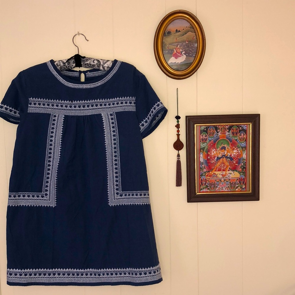 Boho Blue Jean Dress with Embroidered detail, size S/M